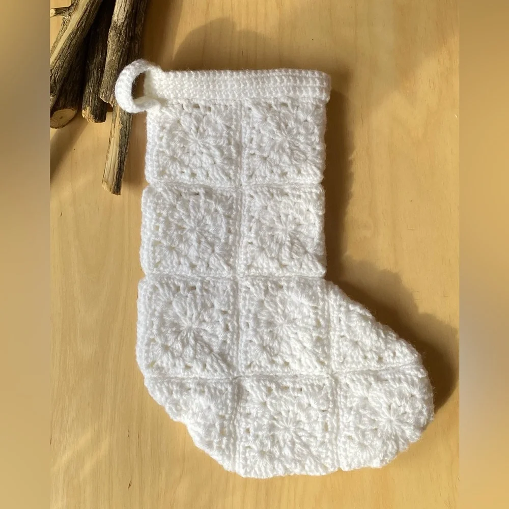 White Handmade Crochet Daisy Granny Square Christmas Stocking